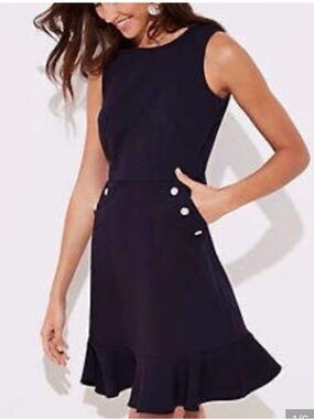 NWT LOFT Flounce pocket Sleeveless Black Ruffle-Hem Pearl button sz 14 new Dress